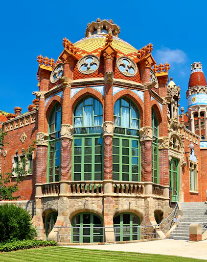 Hospital of the Holy Cross and Saint Paul facade with ornate architecture, Barcelona, Spain.