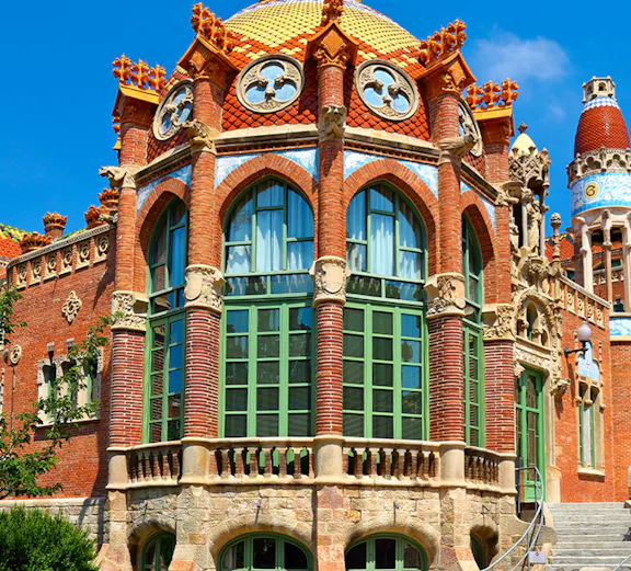 Hospital of the Holy Cross and Saint Paul facade with ornate architecture, Barcelona, Spain.
