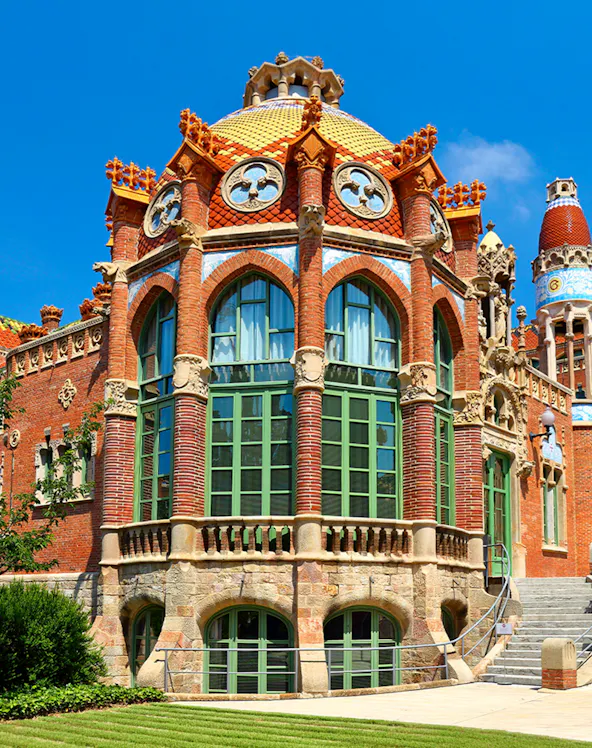 Hospital of the Holy Cross and Saint Paul facade with ornate architecture, Barcelona, Spain.