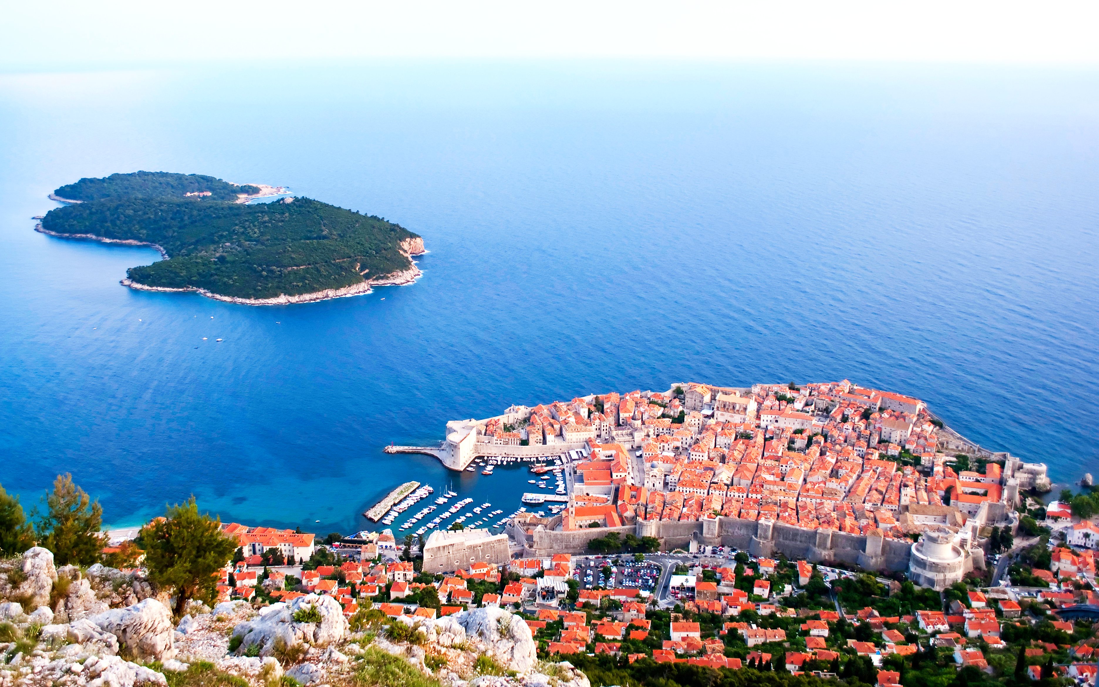 Dubrovnik's old town and Lokrum Island viewed from above, Croatia.