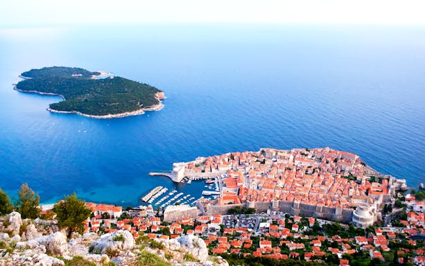Dubrovnik's old town and Lokrum Island viewed from above, Croatia.