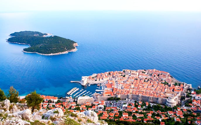 Dubrovnik's old town and Lokrum Island viewed from above, Croatia.