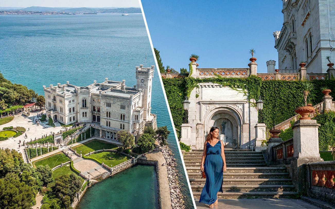 Miramare Castle aerial view and visitor on steps during private guided tour.