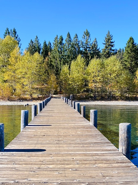 Wooden pier extending into a clear lake with autumn trees in the background.