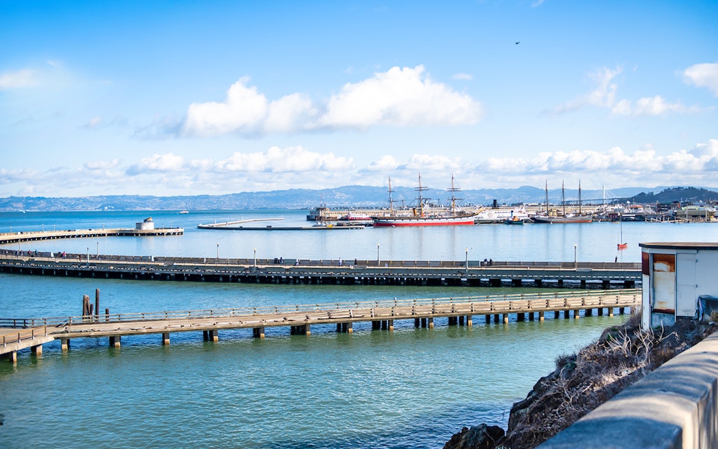 Aquatic Park and pier view from Black Point, San Francisco, with historic ships in the harbor.