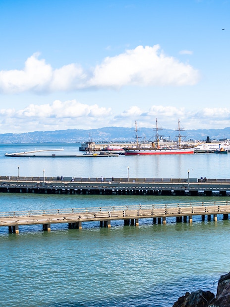 Aquatic Park and pier view from Black Point, San Francisco, with historic ships in the harbor.
