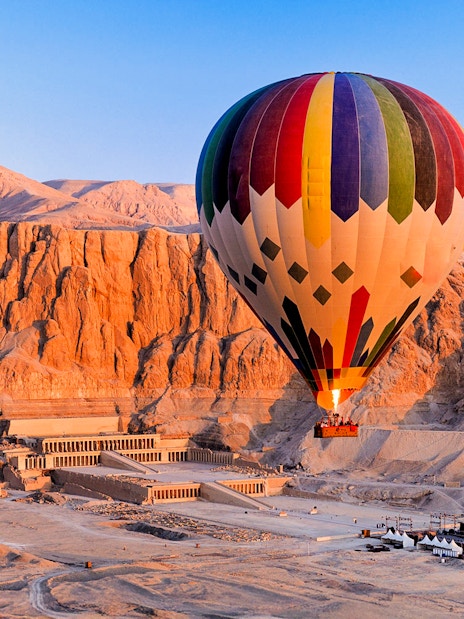 Hot air balloon over Luxor's Valley of the Kings, Egypt.