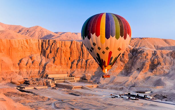 Hot air balloon over Luxor's Valley of the Kings, Egypt.