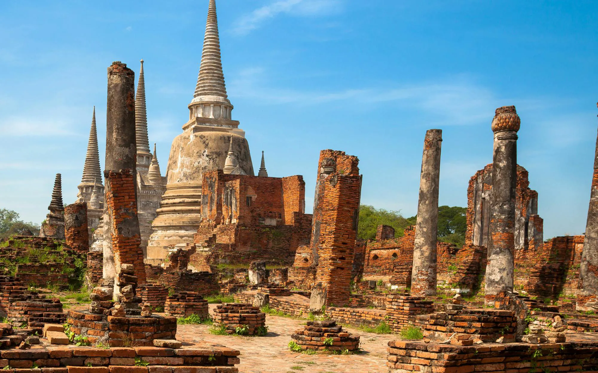 Ancient ruins and stupas at Ayutthaya Temples, Thailand.