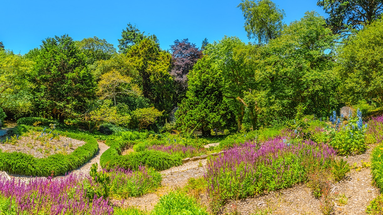 Pena Palace garden pathways with vibrant flowers in Sintra, Portugal.