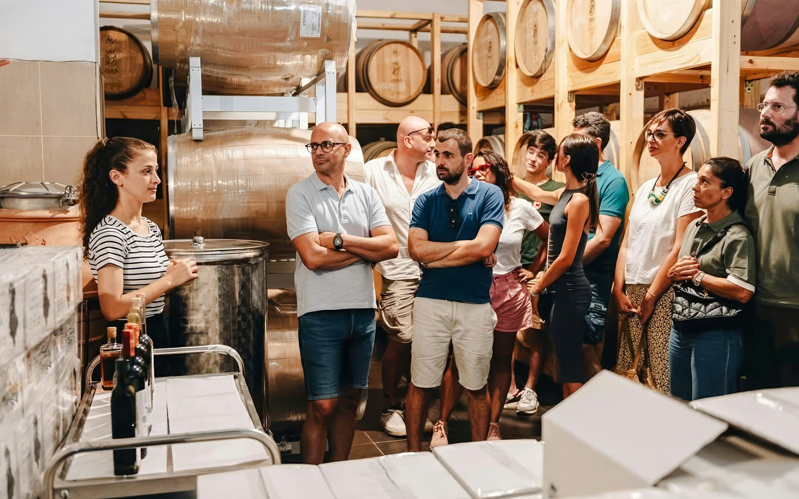 Tour group listening to a guide in an Albanian winery cellar.