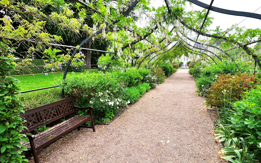Pathway through Chavenry Castle Gardens with lush greenery and a wooden bench.