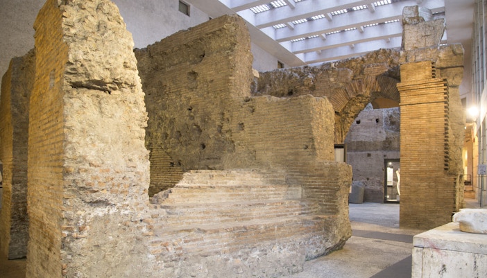 Ancient Roman ruins in the underground area of Navona Square, Rome.