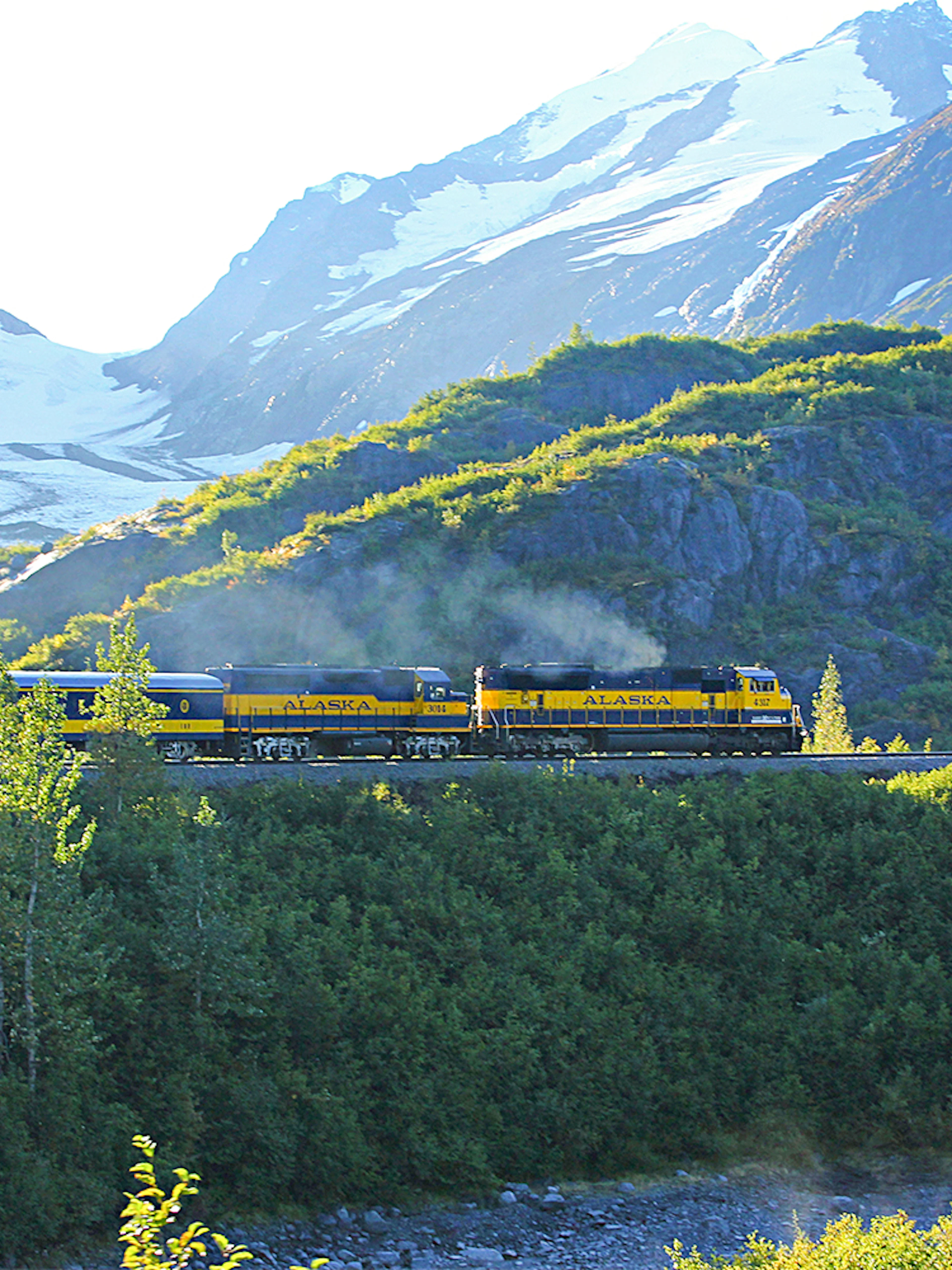 Alaska Railroad train traveling through scenic mountain landscape with snow-capped peaks.