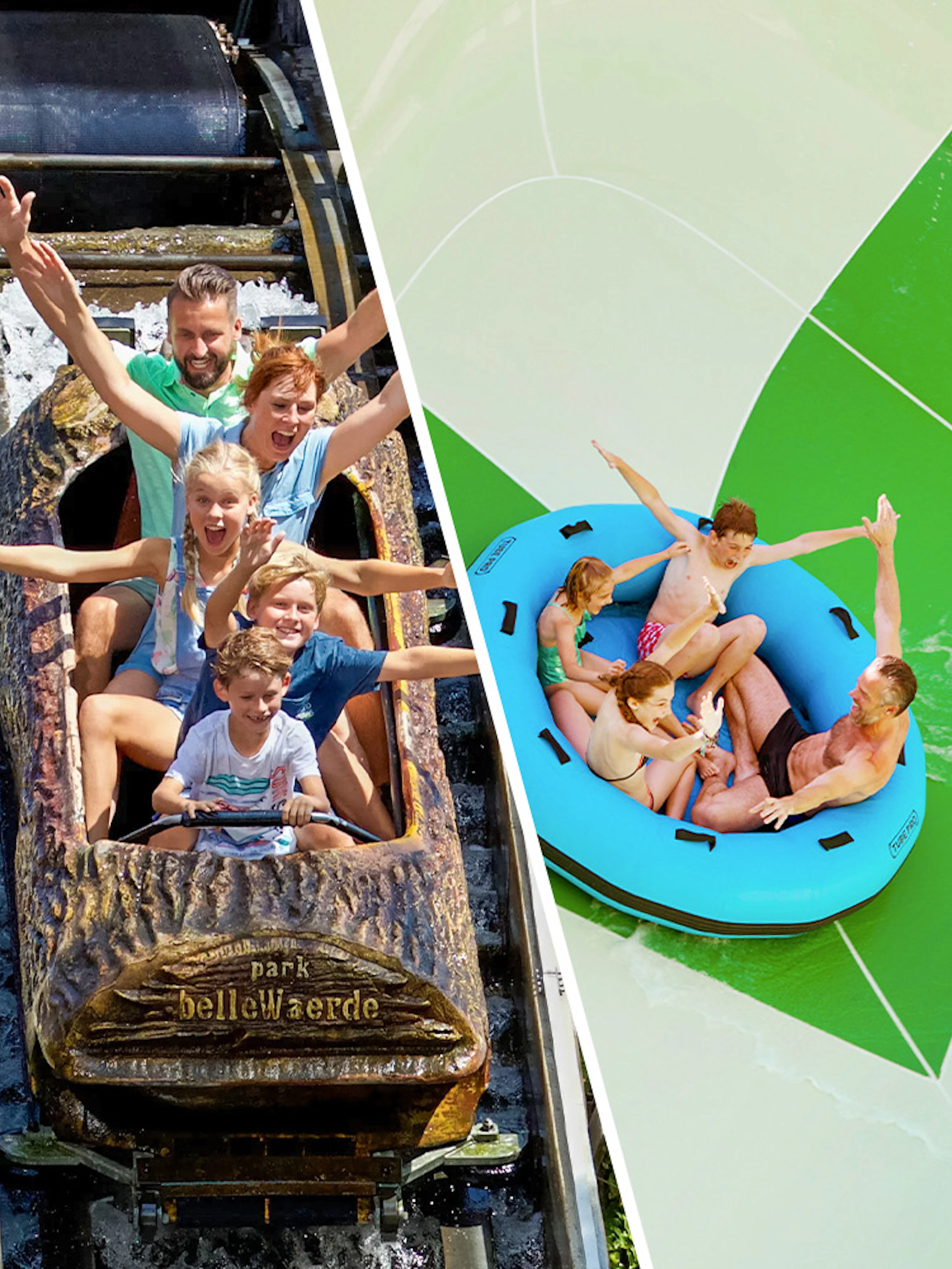 Family enjoying rides at Bellewaerde Theme Park and Aquapark.