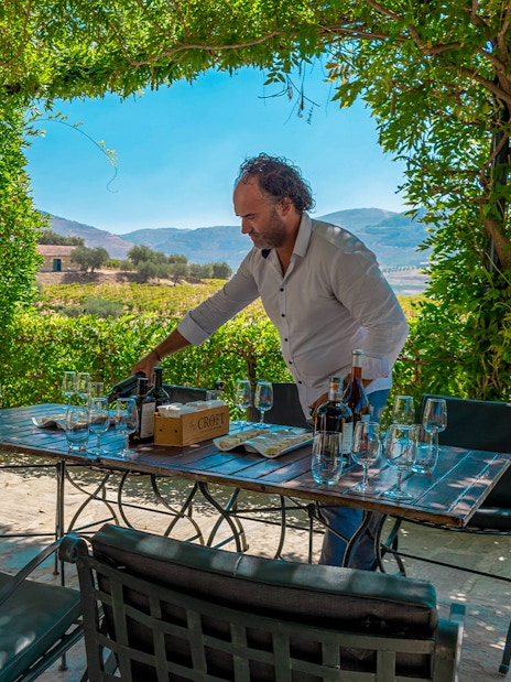 Outdoor table setting in vineyard with man preparing for tourists.