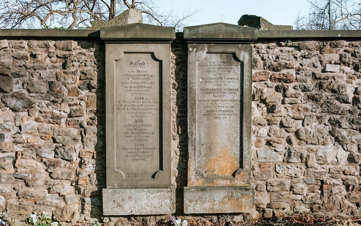 Gravestones of Thomas Riddell in Greyfriars Kirkyard, Edinburgh, featured in Harry Potter tour.