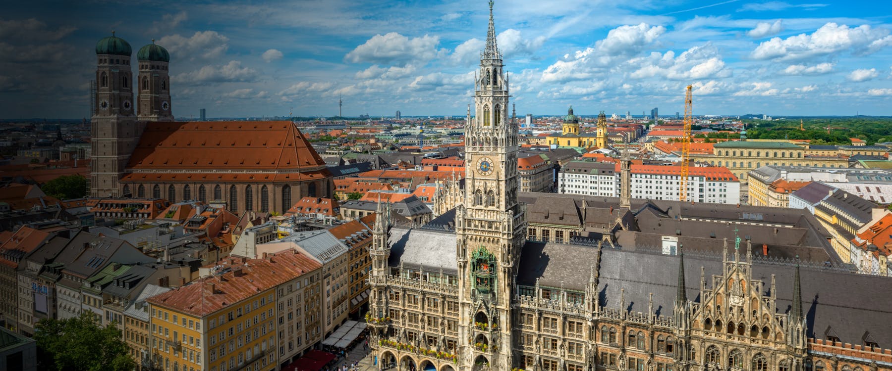 Aerial view of Munich's Marienplatz with the New Town Hall and Frauenkirche in Germany.