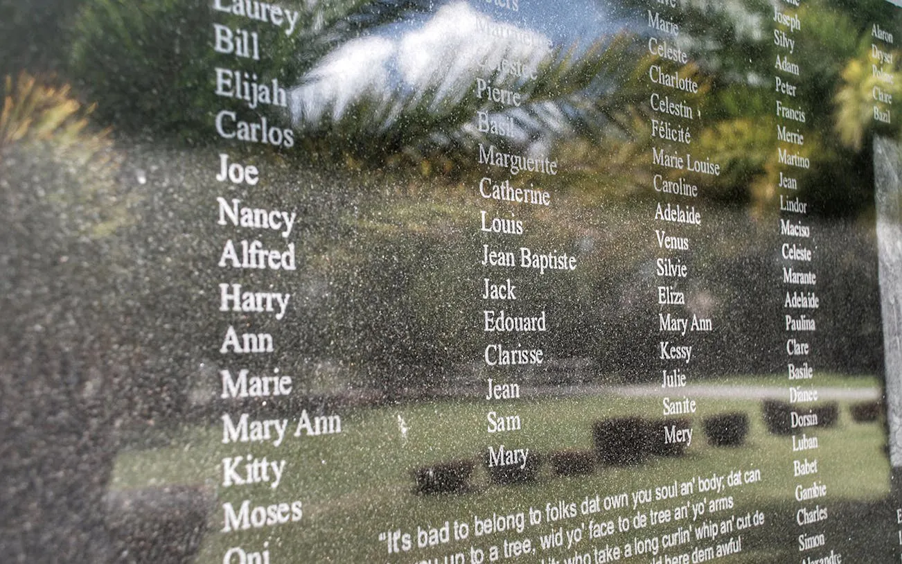 Names of enslaved individuals on a memorial wall at Whitney Plantation, New Orleans.