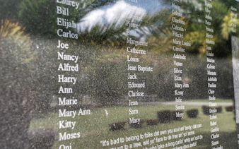 Names of enslaved individuals on a memorial wall at Whitney Plantation, New Orleans.