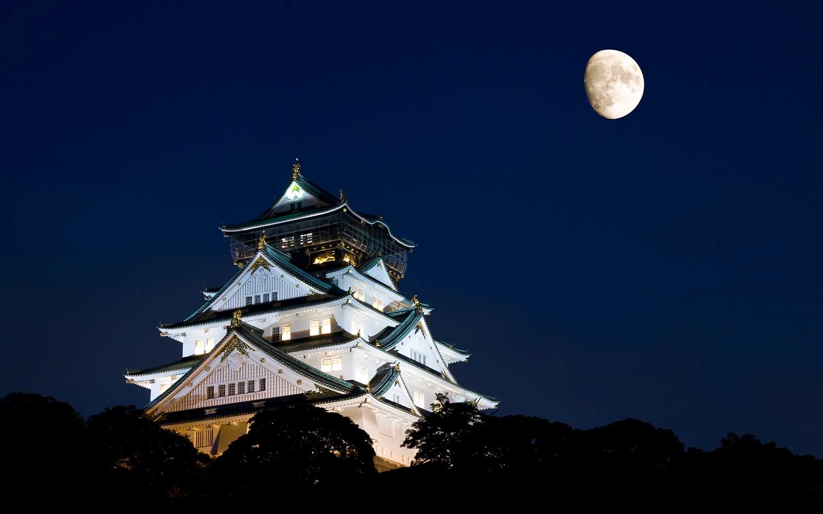 Osaka Castle illuminated at night with a bright moon in the sky.
