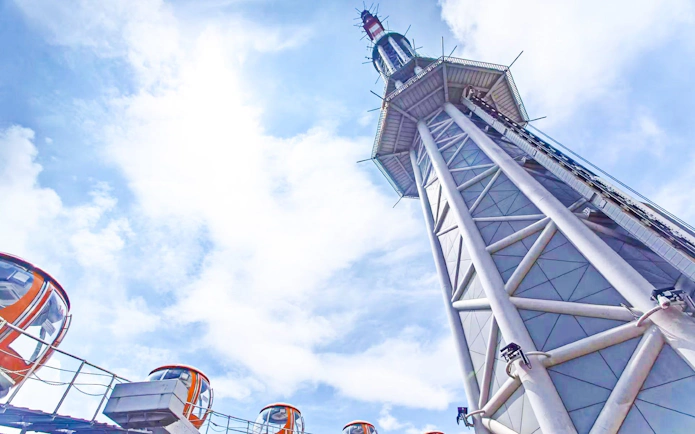Canton Tower in Guangzhou with Bubble Tram and Sky Drop ride.