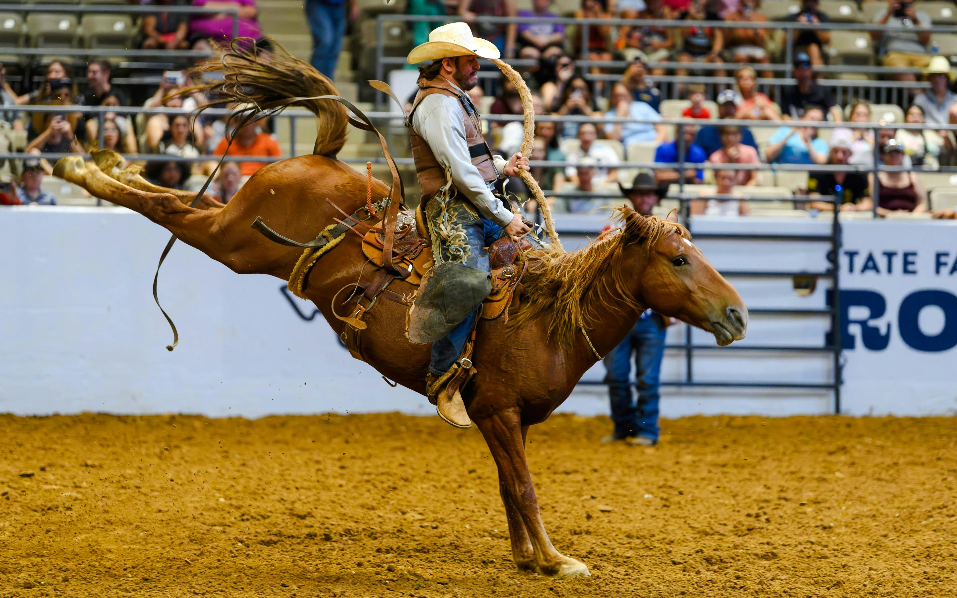Rodeo rider on bucking horse at State Fair of Texas arena.