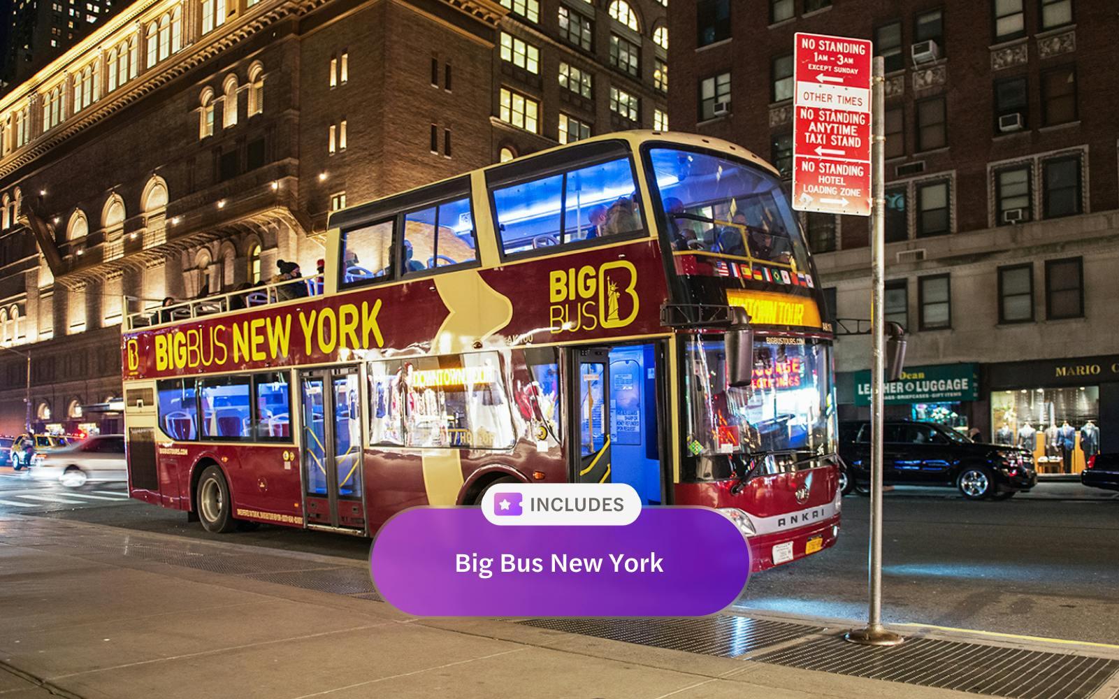 Big Bus at New York City bus stop during night tour.