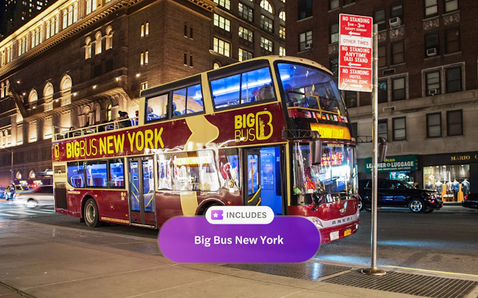 Big Bus at New York City bus stop during night tour.