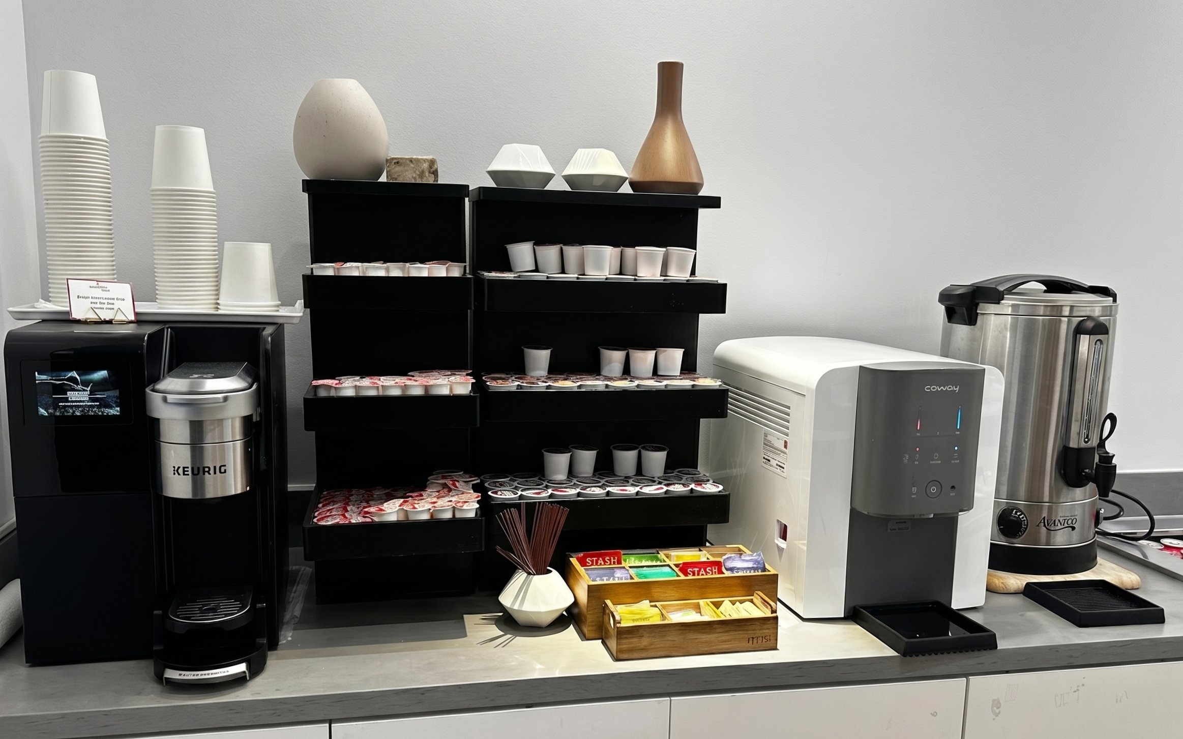 Coffee and tea station at HelloSky Lounge, JFK Terminal 4, New York.