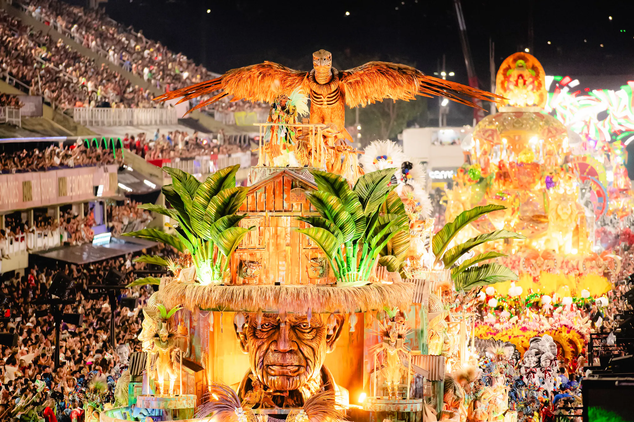 Carnival float with large bird sculpture at Rio Carnival 2027, Marquês de Sapucaí, Rio de Janeiro.
