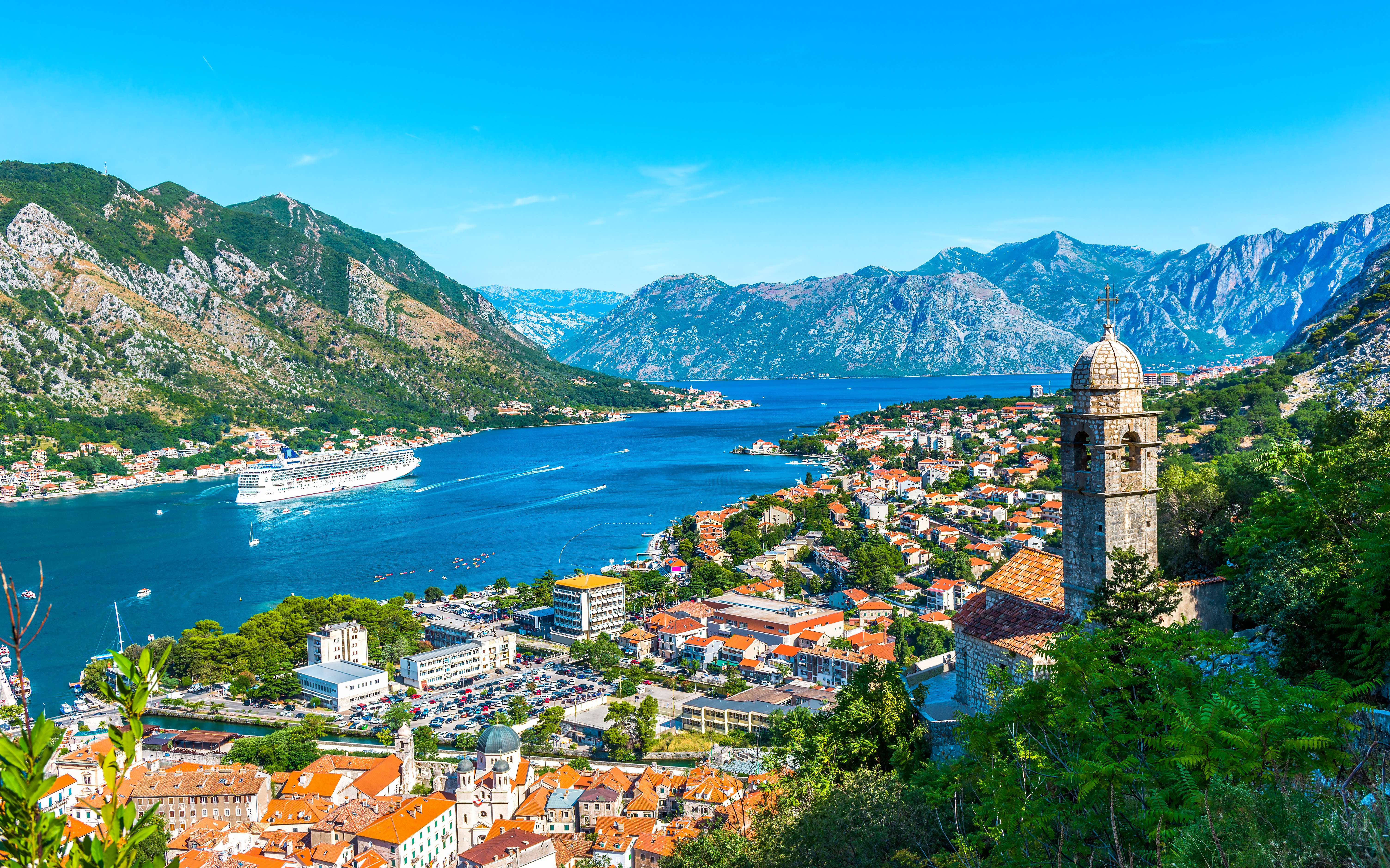 Kotor Bay in Montenegro with cruise ship and historic town view.