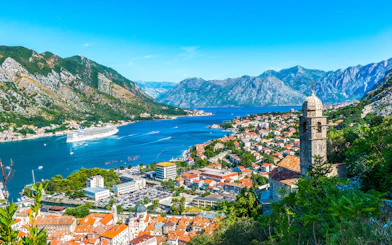 Kotor Bay in Montenegro with cruise ship and historic town view.