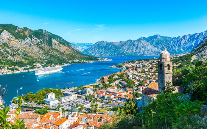 Kotor Bay in Montenegro with cruise ship and historic town view.