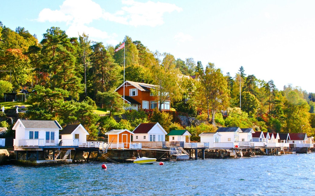 Summer cottages along Oslofjord shoreline with lush greenery and clear blue water.