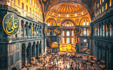 Interior view of Hagia Sophia with visitors exploring the historic architecture in Istanbul.