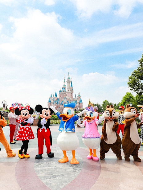 Characters in front of Enchanted Storybook Castle at Shanghai Disneyland.