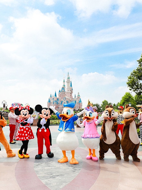 Characters in front of Enchanted Storybook Castle at Shanghai Disneyland.