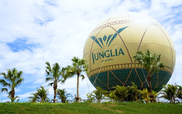 Hot air balloon at JUNGLIA OKINAWA Park surrounded by palm trees.