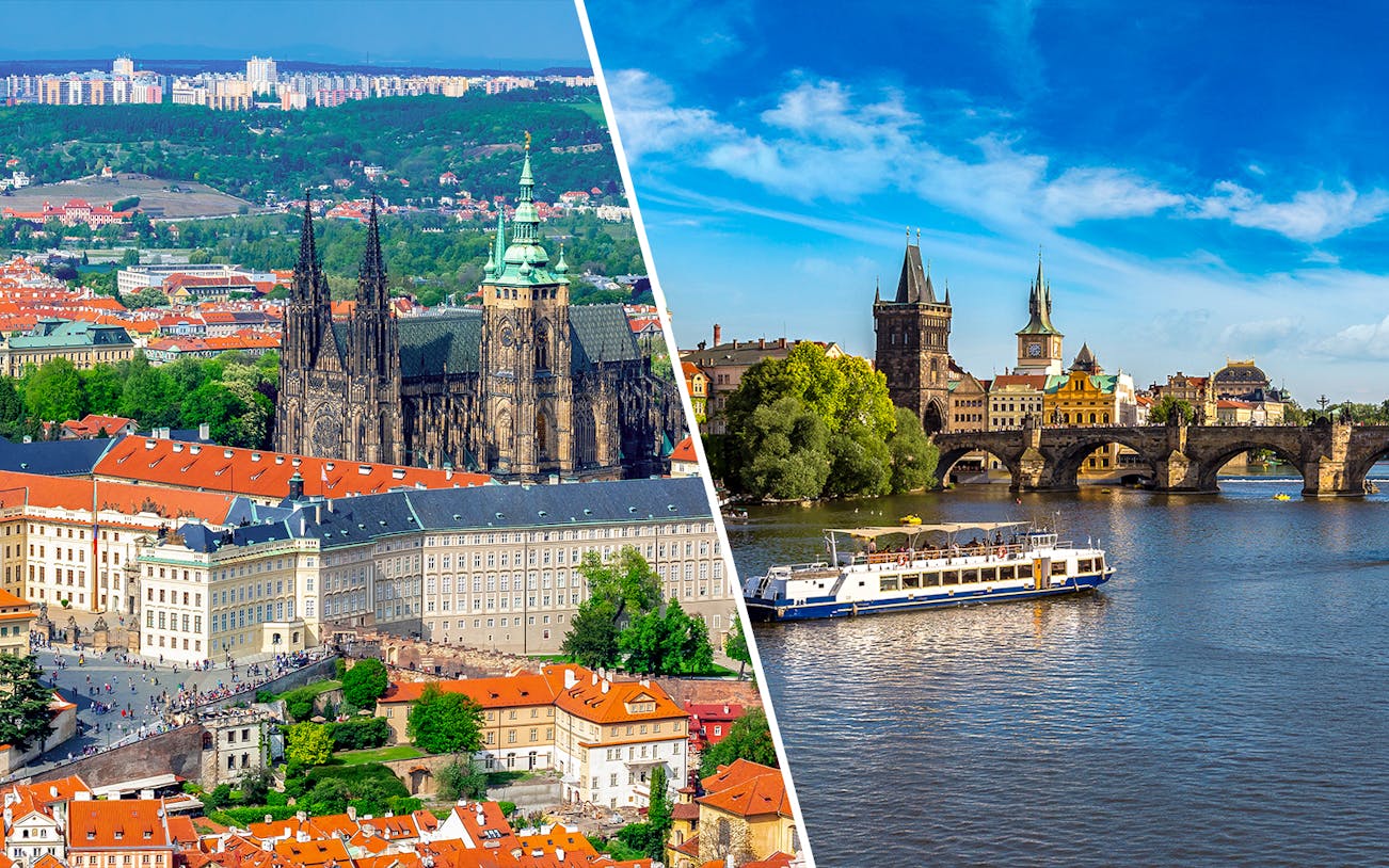 Prague Castle and Vltava River cruise with Charles Bridge in view.