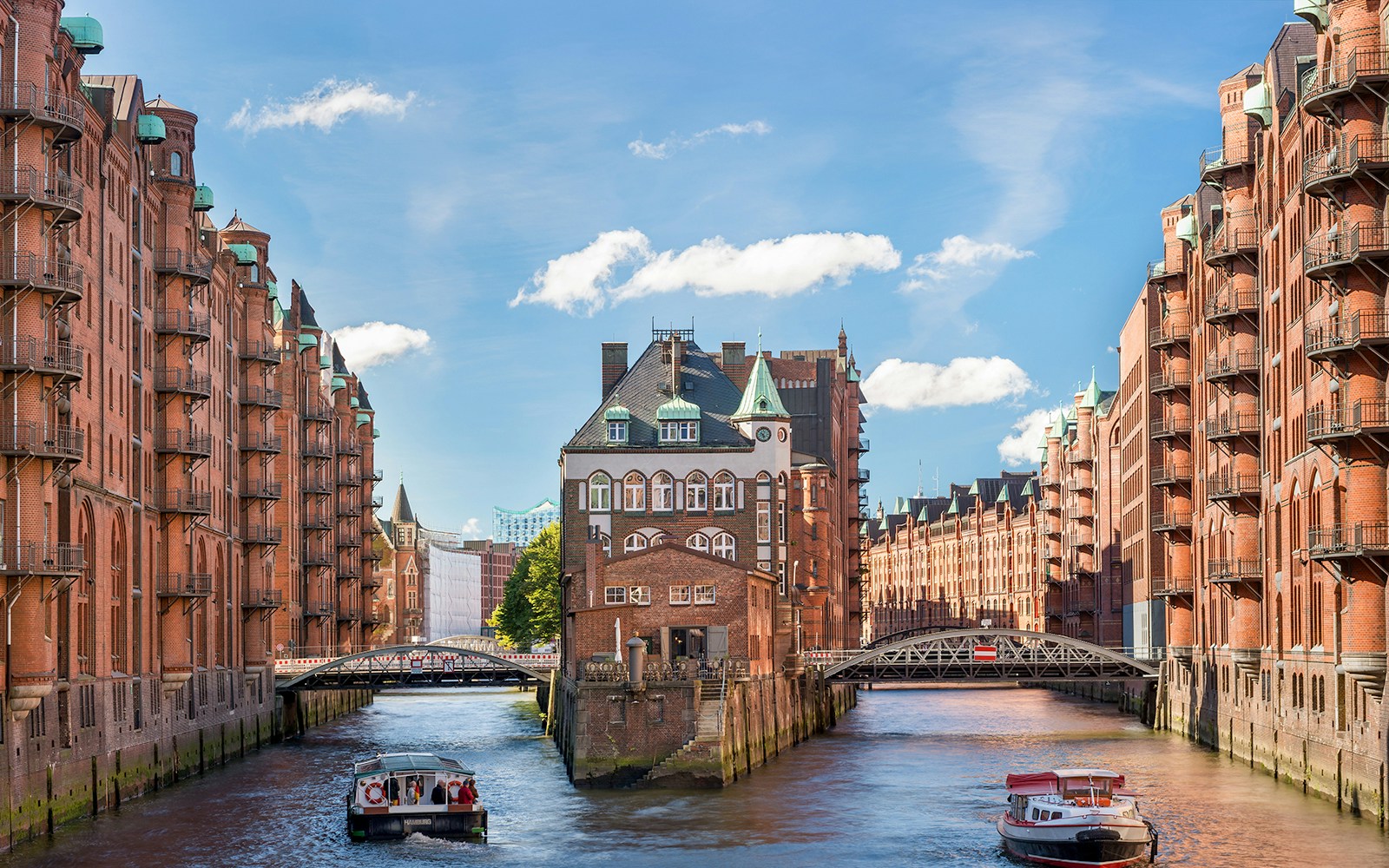 Speicherstadt, a red bricked building surrounded by canals