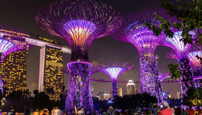 Gardens by the Bay Supertree Grove illuminated at night during Christmas Wonderland 2022, Singapore.