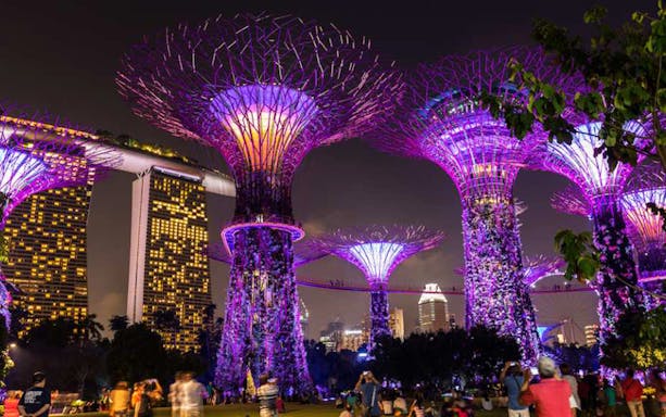 Gardens by the Bay Supertree Grove illuminated at night during Christmas Wonderland 2022, Singapore.