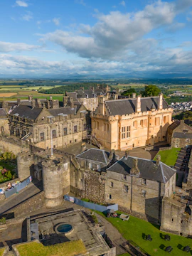 Stirling Castle aerial view with surrounding landscape in Edinburgh, Scotland.
