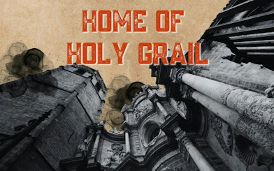 Valencia Cathedral facade with "Home of Holy Grail" text, part of self-guided city exploration game.