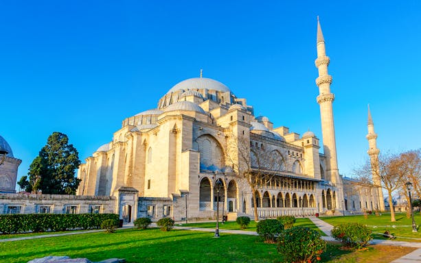 Suleymaniye Mosque exterior with minarets in Istanbul, Turkey.