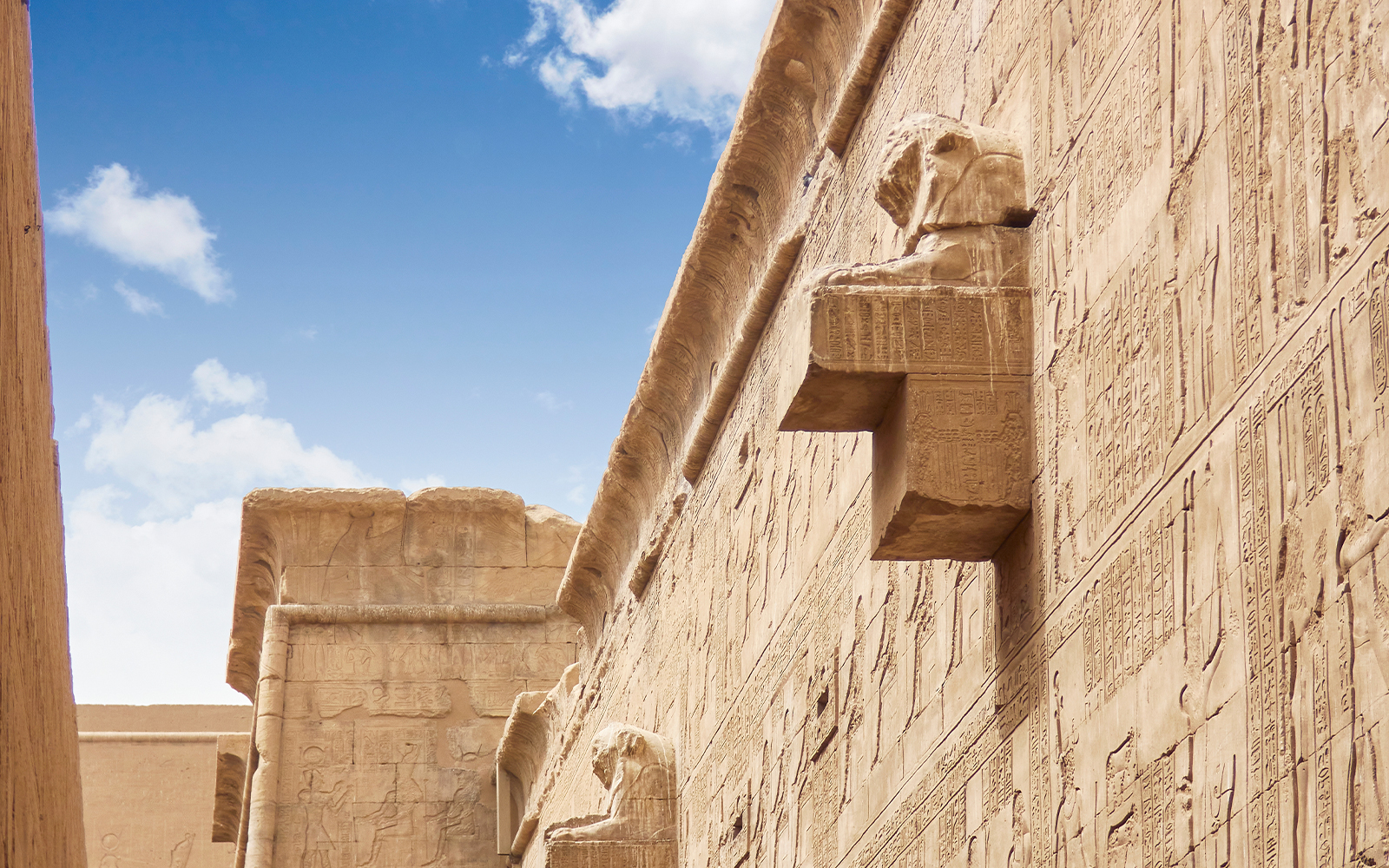Temple of Horus at Edfu with detailed hieroglyphics and stone carvings.