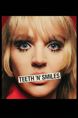 Blonde person with "Teeth 'N' Smiles" text over mouth, red background.
