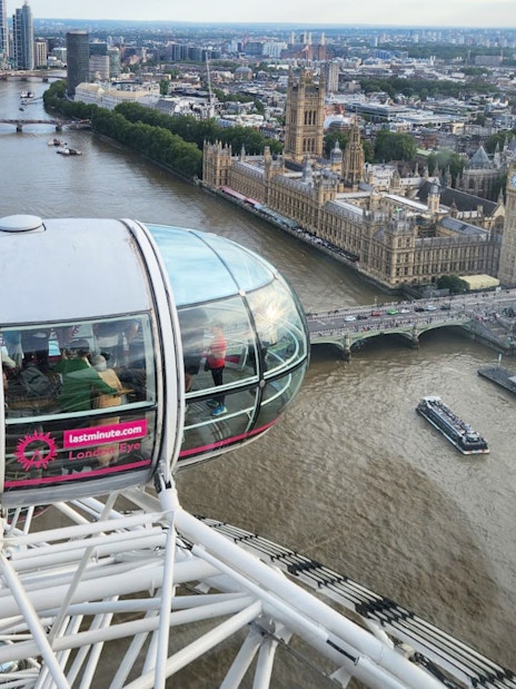 London Eye capsule overlooking the Thames and Houses of Parliament.