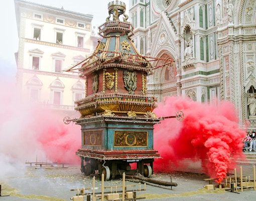 Scoppio del Carro event near Cathedral of Santa Maria del Fiore, Florence, during Easter celebrations.